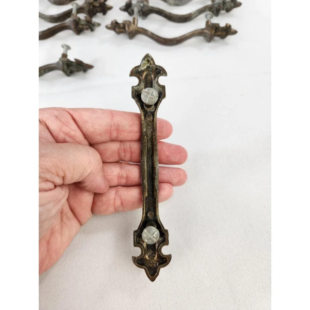 Set 10 Vintage Gothic Fleur de Lis Drawer Pulls Eastlake Brass Cabinet Handles